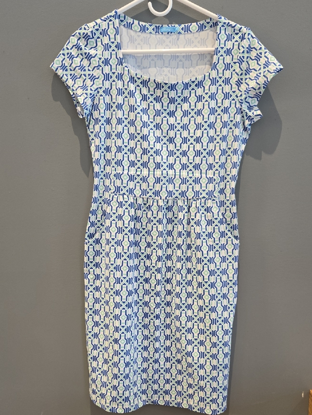 J. McLaughlin Blue and White Geometric Midi Dress
